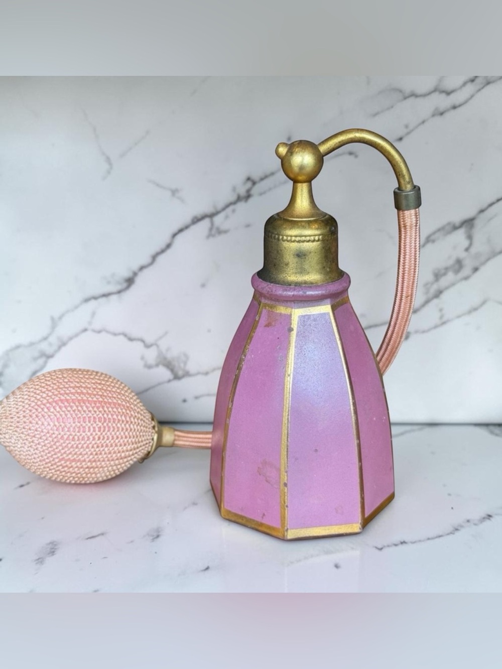 Vtg Art Deco 1920s Devilbiss Pink & Gold Tone Glass Perfume 4” Bottle Atomizer